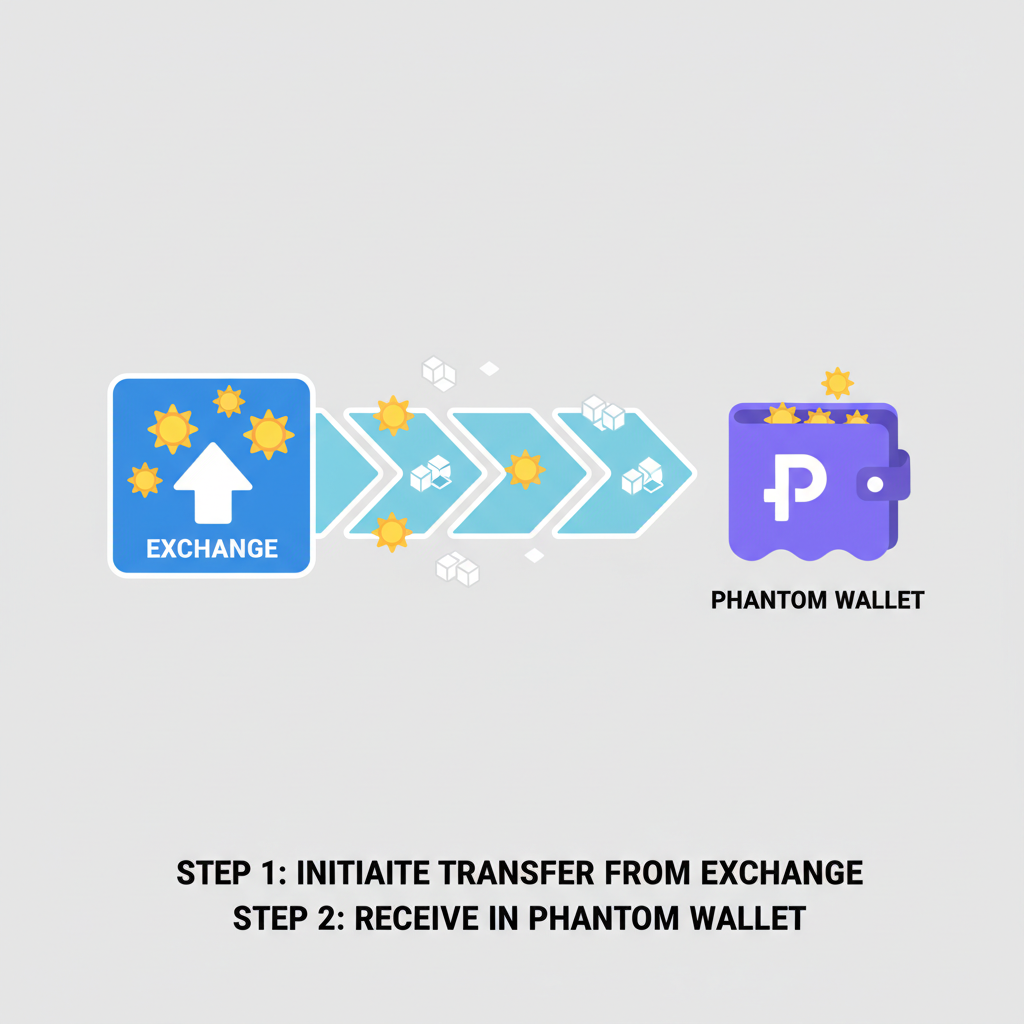 illustration of SOL tokens transferring from exchange to Phantom wallet, blockchain arrows