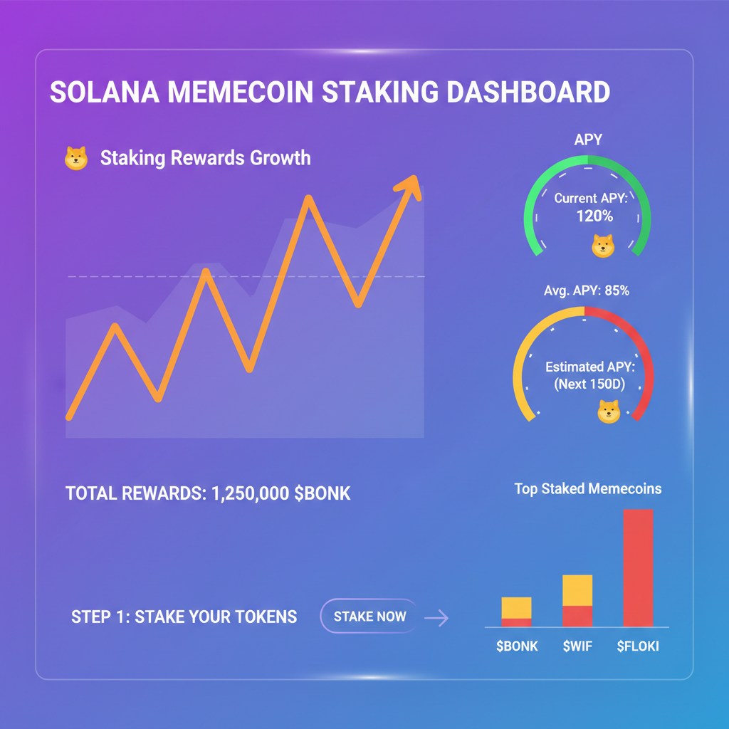dashboard chart showing staking rewards growth, APY metrics, Solana memecoin theme