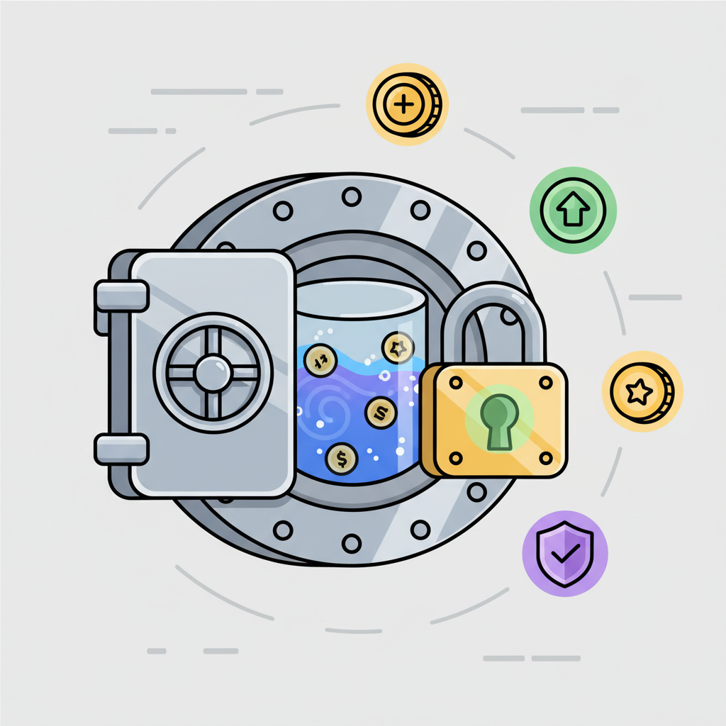 secure vault with liquid staking tokens, padlock, reward icons glowing