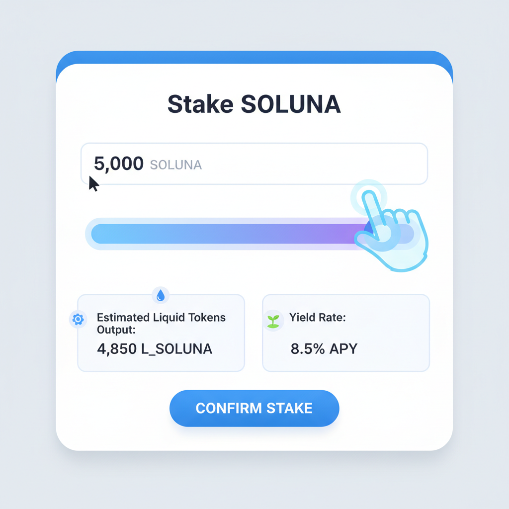 staking interface with slider, user inputting SOLUNA amount, liquid tokens output