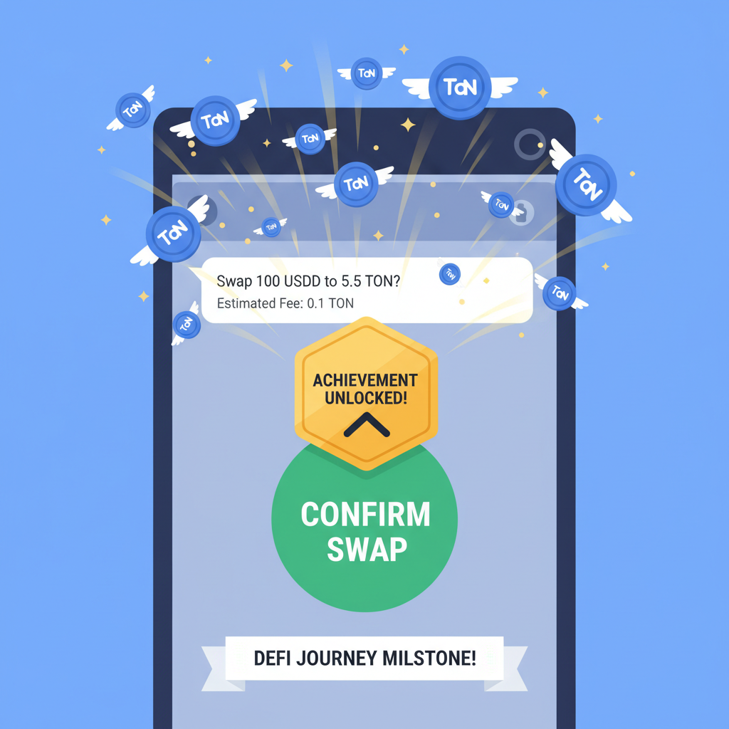 Telegram bot confirm swap button, success animation with TON tokens flying, DeFi achievement unlocked vibe