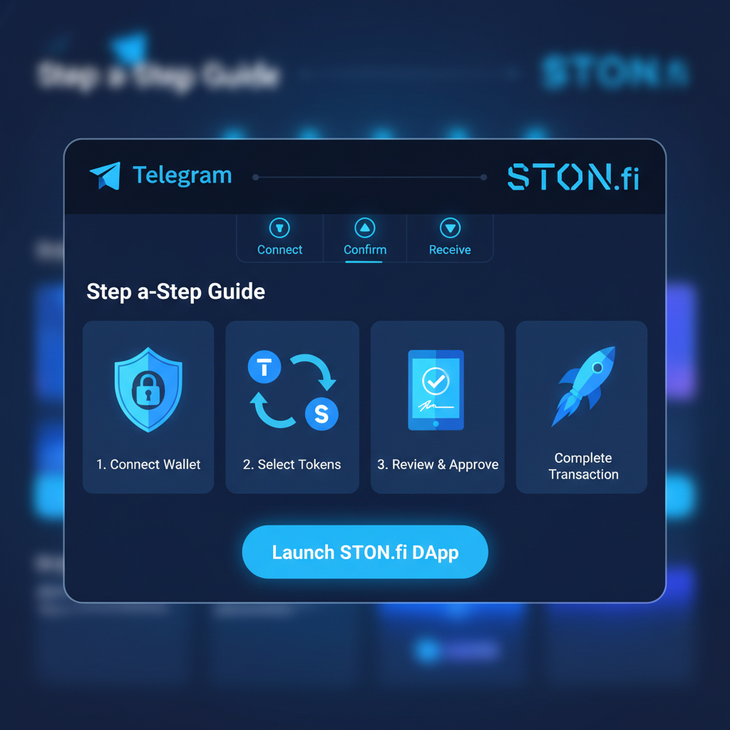 Telegram mini-app interface connecting to STON.fi on TON blockchain, sleek futuristic UI, vibrant blue tones