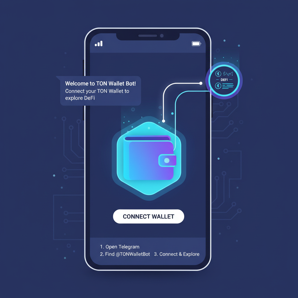 Telegram bot interface connecting TON wallet, glowing wallet icon linking to DeFi dashboard, crypto futuristic style