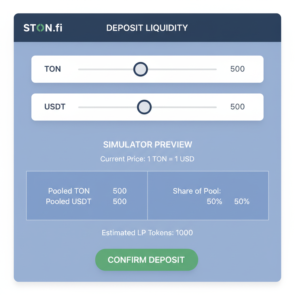STON.fi deposit interface for TON/USDT liquidity, simulator preview, equal value sliders, green confirm button