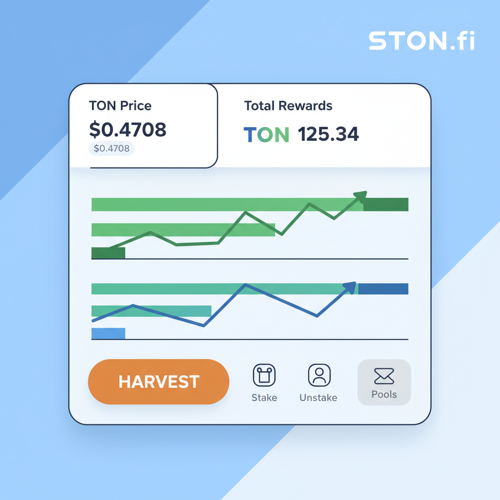 STON.fi rewards dashboard, growing yield graphs, TON price $0.4708 ticker, harvest button