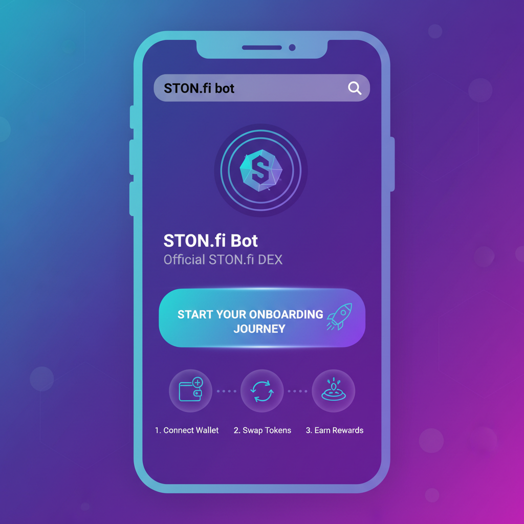 Telegram app screen searching STON.fi bot, vibrant purple TON blockchain theme, dynamic onboarding start
