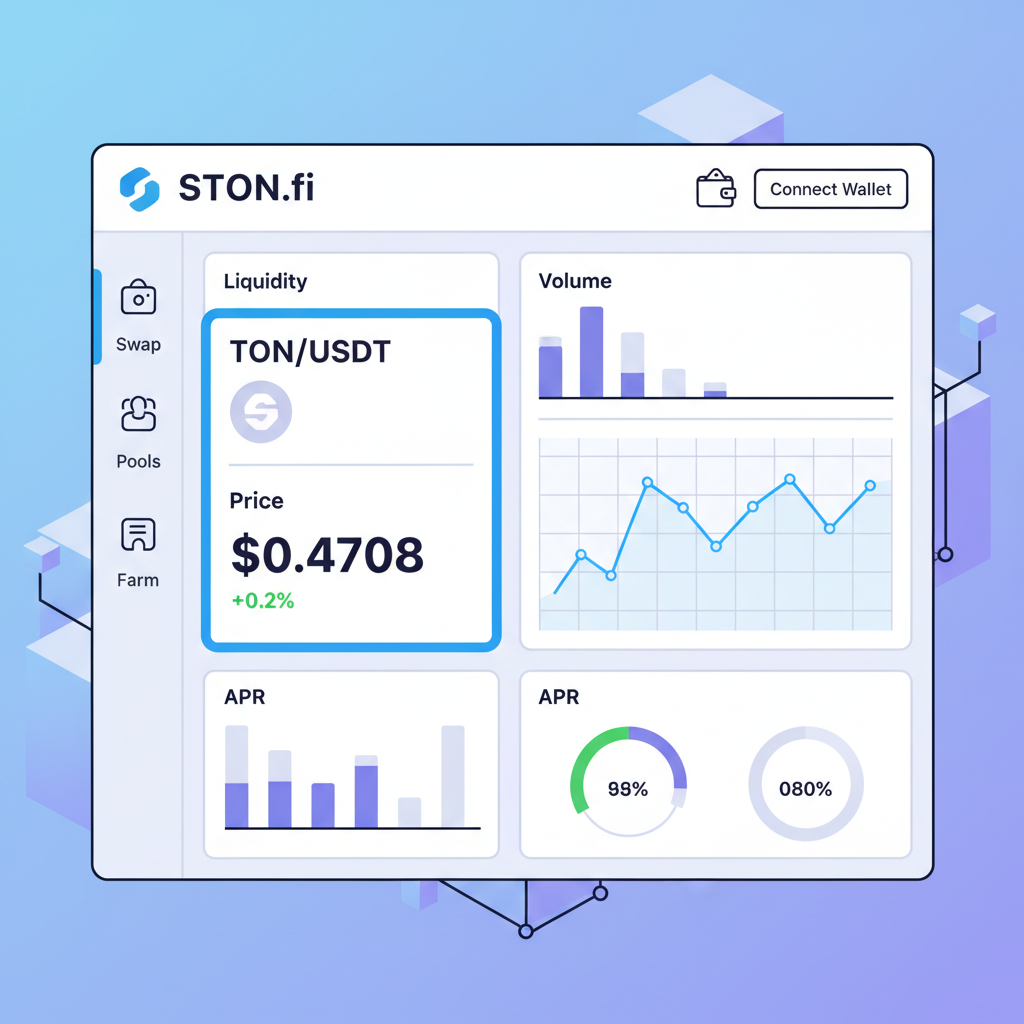 STON.fi pool selection screen highlighting TON/USDT, charts showing $0.4708 price, dynamic DeFi dashboard