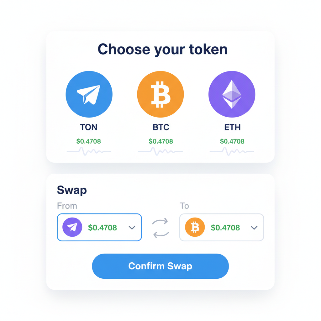 Telegram bot token selection screen with TON BTC ETH icons, price charts showing $0.4708, colorful DeFi swap UI