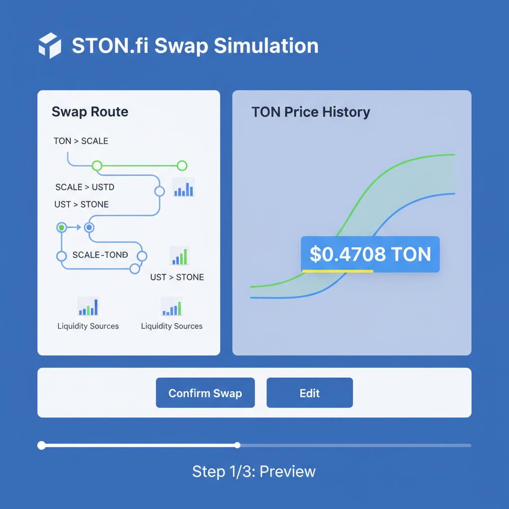 STON.fi Telegram bot swap simulation preview, graphs routes liquidity sources, TON price $0.4708 highlighted