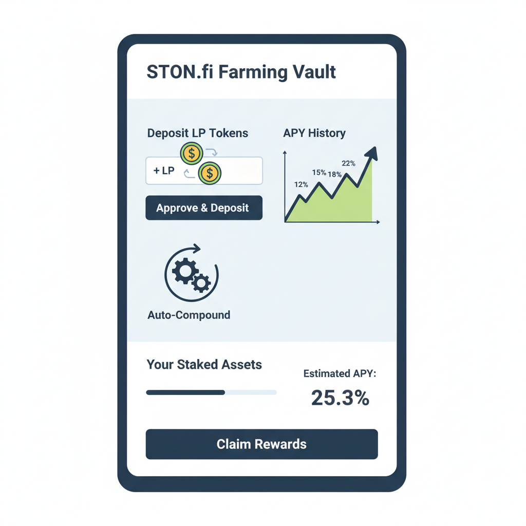 STON.fi farming vault staking screen, LP tokens deposit, APY charts rising, auto-compound icon