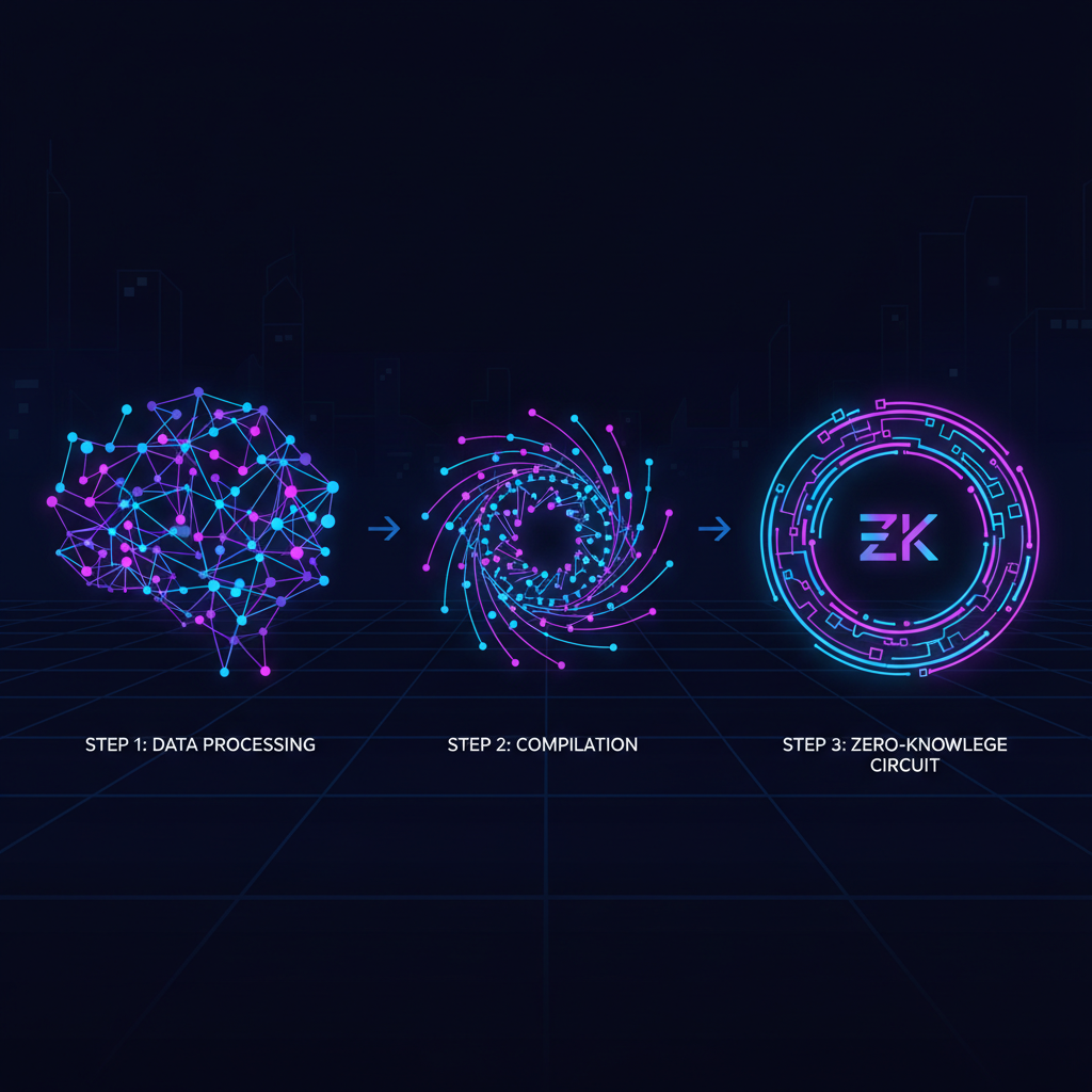 futuristic neural network compiling into glowing zero-knowledge circuit, cyberpunk style, vibrant blues and purples