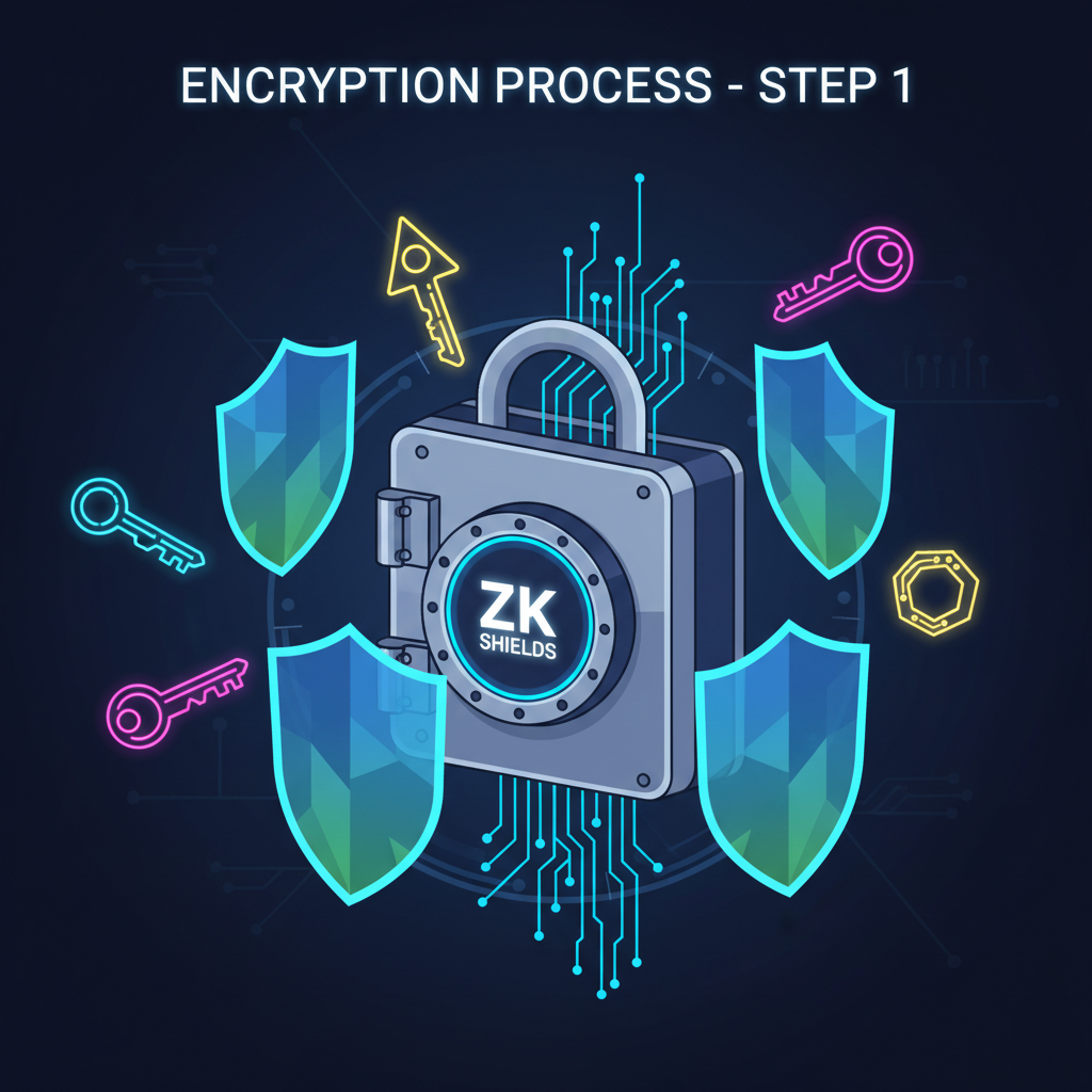 data streams encrypting into locked vault with zk shields, neon encryption keys floating, high-tech dark background