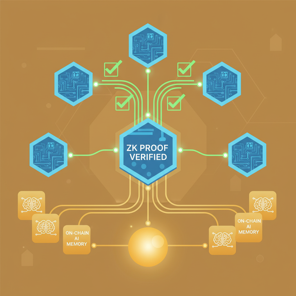 blockchain nodes verifying zk proof with green checkmarks, on-chain AI memory modules linking, golden futuristic glow