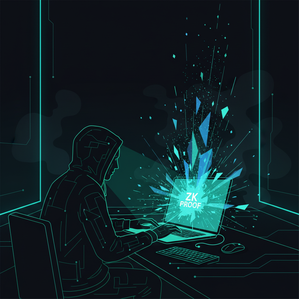 hacker generating glowing ZK proof on laptop in dark room, digital particles exploding, high-tech vibe