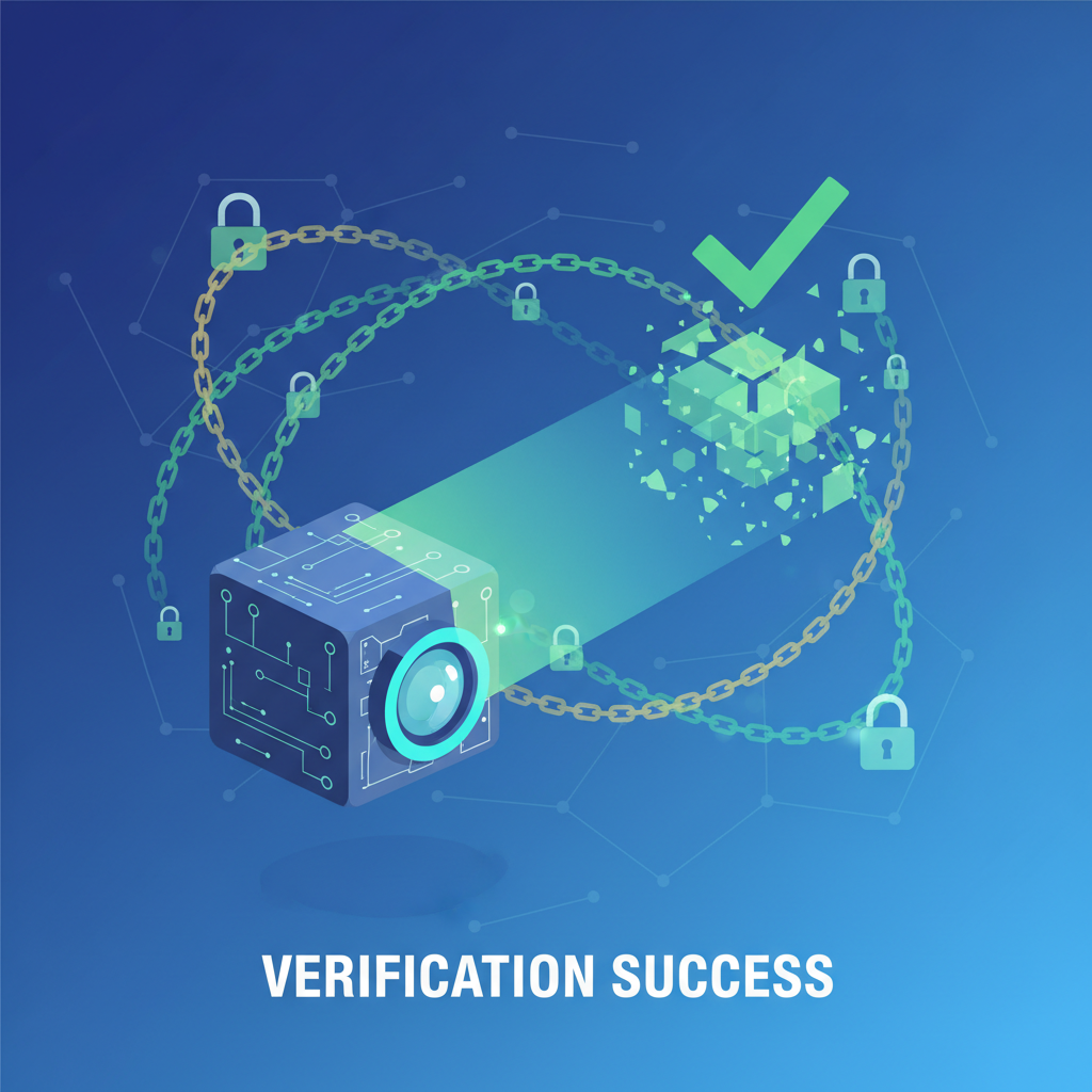 smart contract blockchain verifier scanning ZK proof, green checkmark, ethereal chains and locks glowing