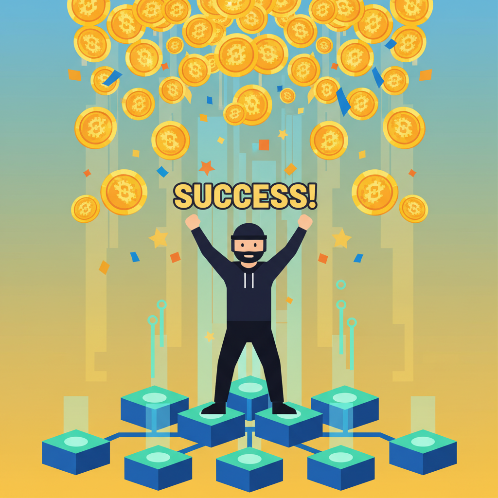 coins raining down on victorious hacker from blockchain, celebration confetti, vibrant golden tones