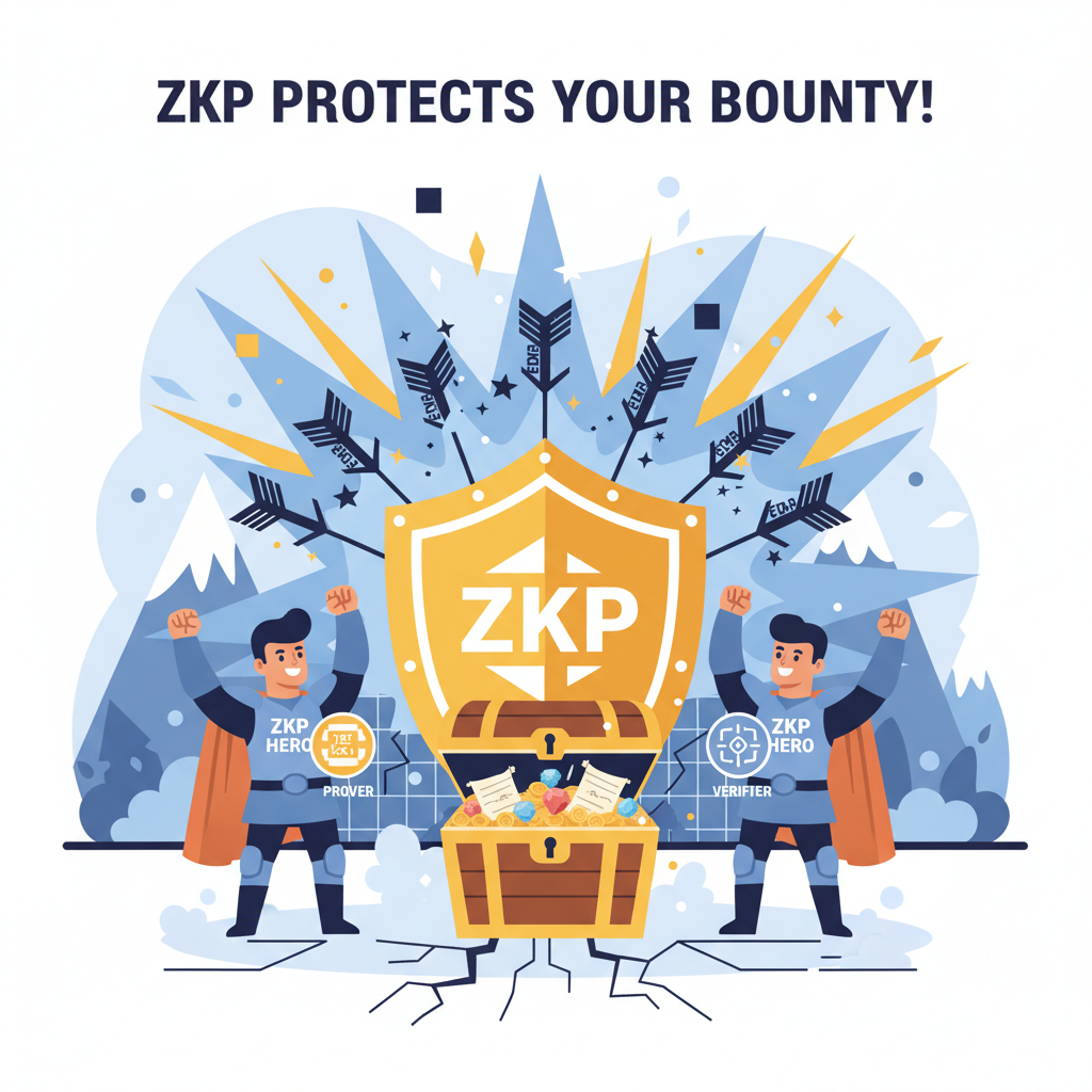 shield blocking fraud arrows at bounty treasure chest, ZKP heroes victorious, explosive action style