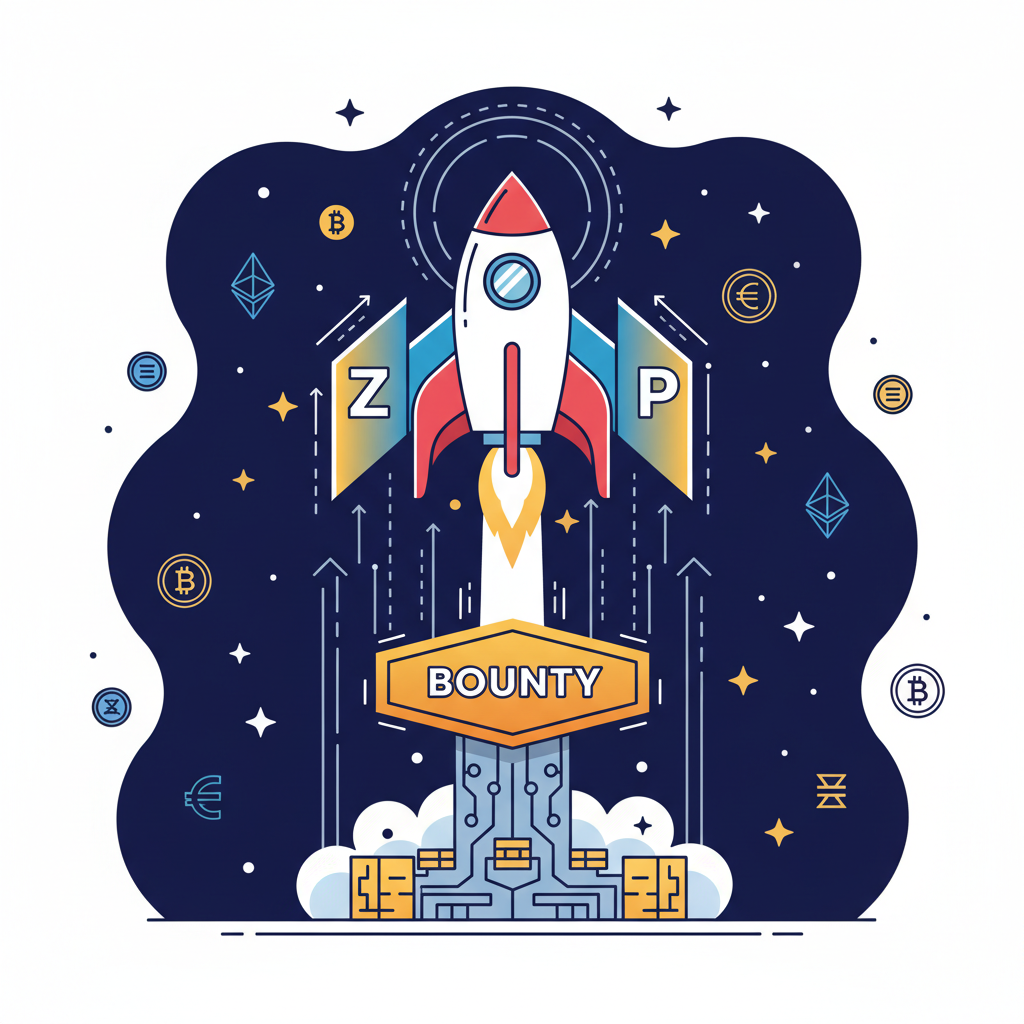 rocket launching from bounty platform with ZKP wings, stars and crypto symbols, high-energy ascent