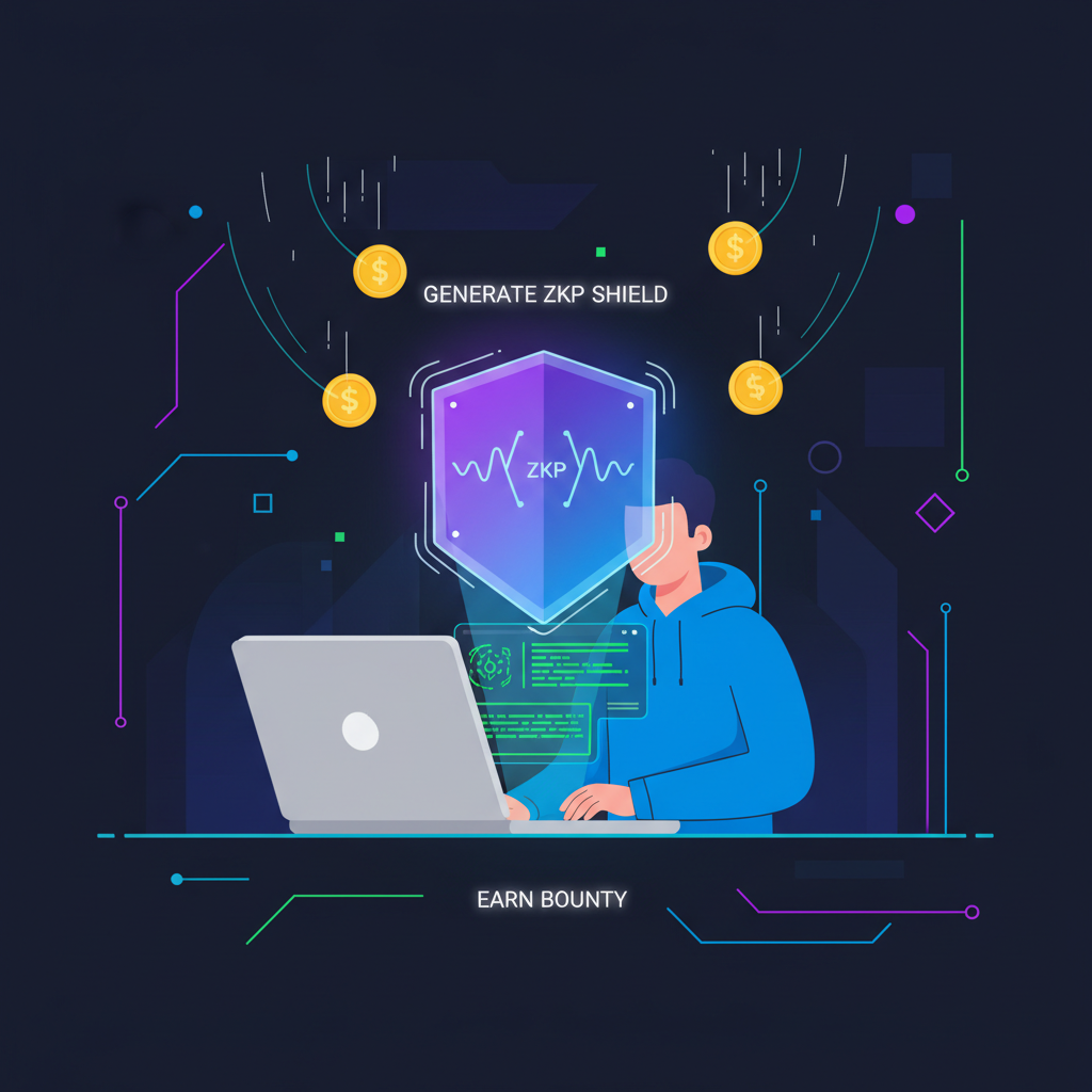developer generating ZKP shield from code laptop, bounty coin raining down, futuristic neon glow