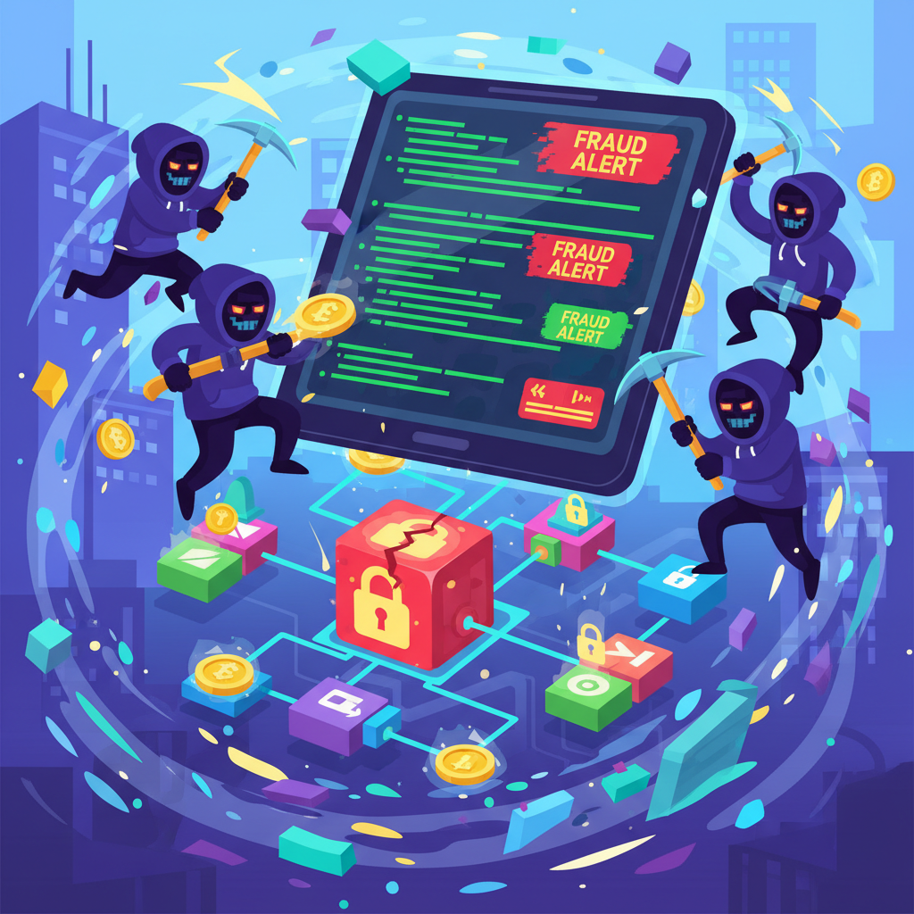 cartoon hackers attacking bounty board, fraud alerts flashing, vibrant chaotic blockchain scene