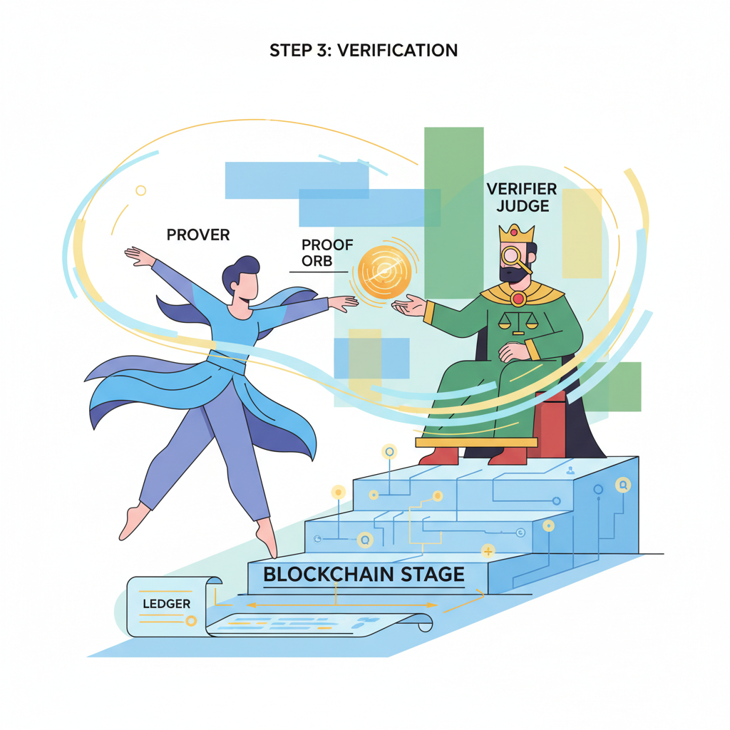 dancer prover handing glowing proof orb to verifier judge, blockchain stage, dynamic motion blur