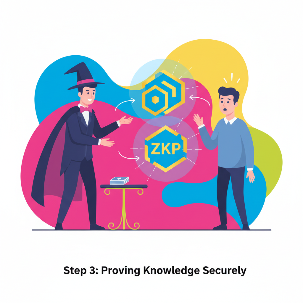 magician proving secret knowledge to skeptic without revealing card, glowing ZKP symbols, energetic colors