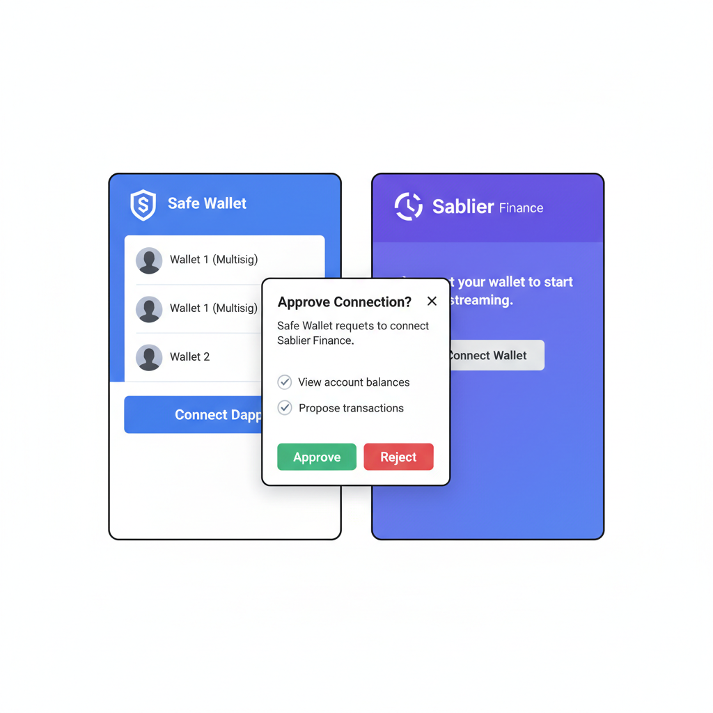 Clean web3 UI screenshot of Safe multisig wallet connecting to Sablier dashboard, technical interface with connect button and approval prompt