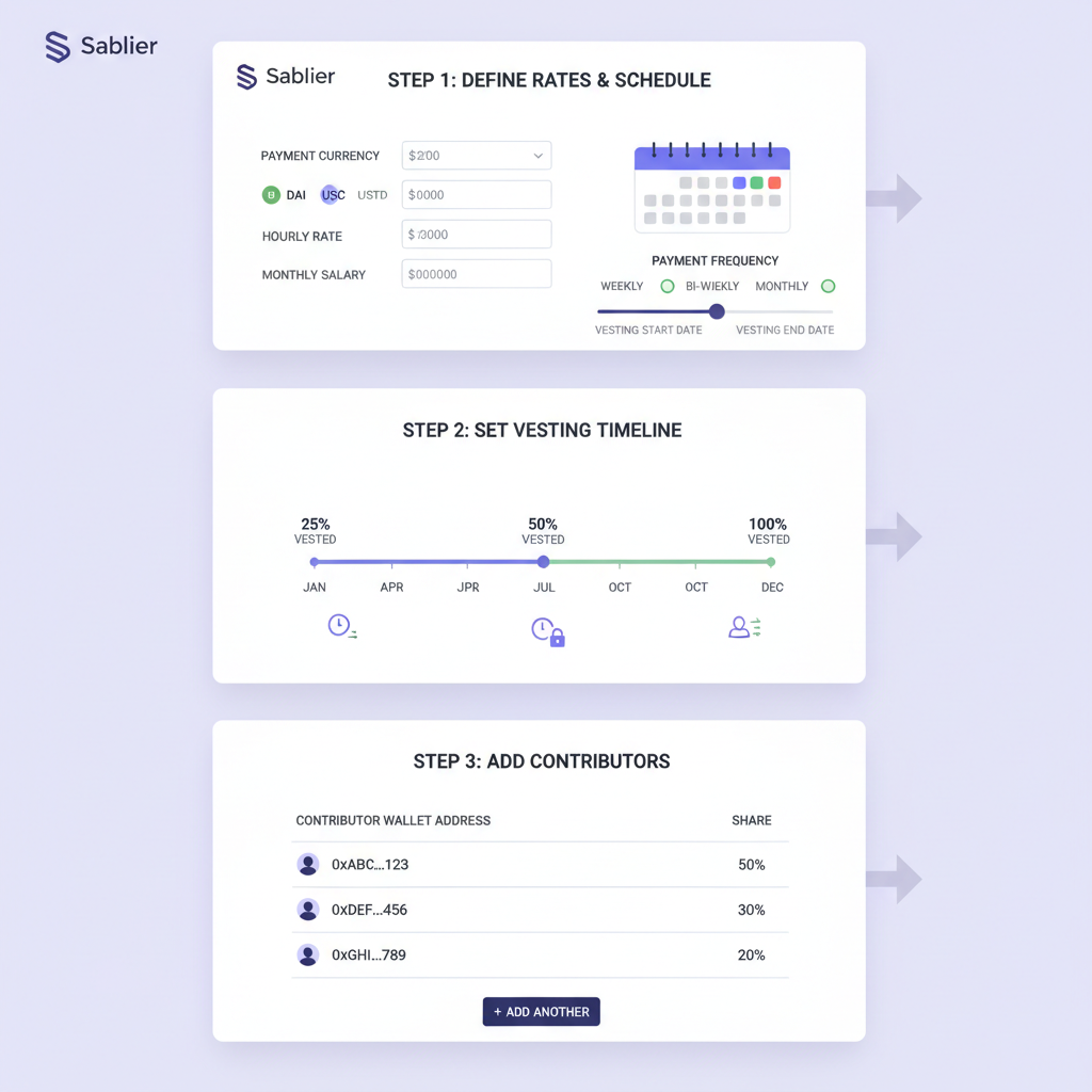 Sablier interface form for defining payroll schedules rates, calendar vesting timeline, stablecoin icons, contributor wallet list