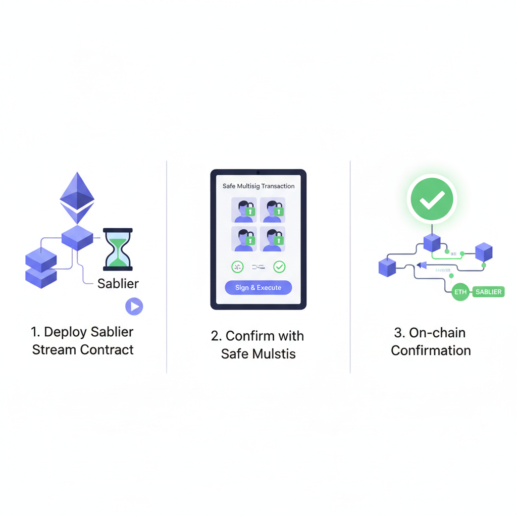 Ethereum blockchain deploying Sablier stream contract, Safe multisig transaction signing UI, on-chain visualization with green success check