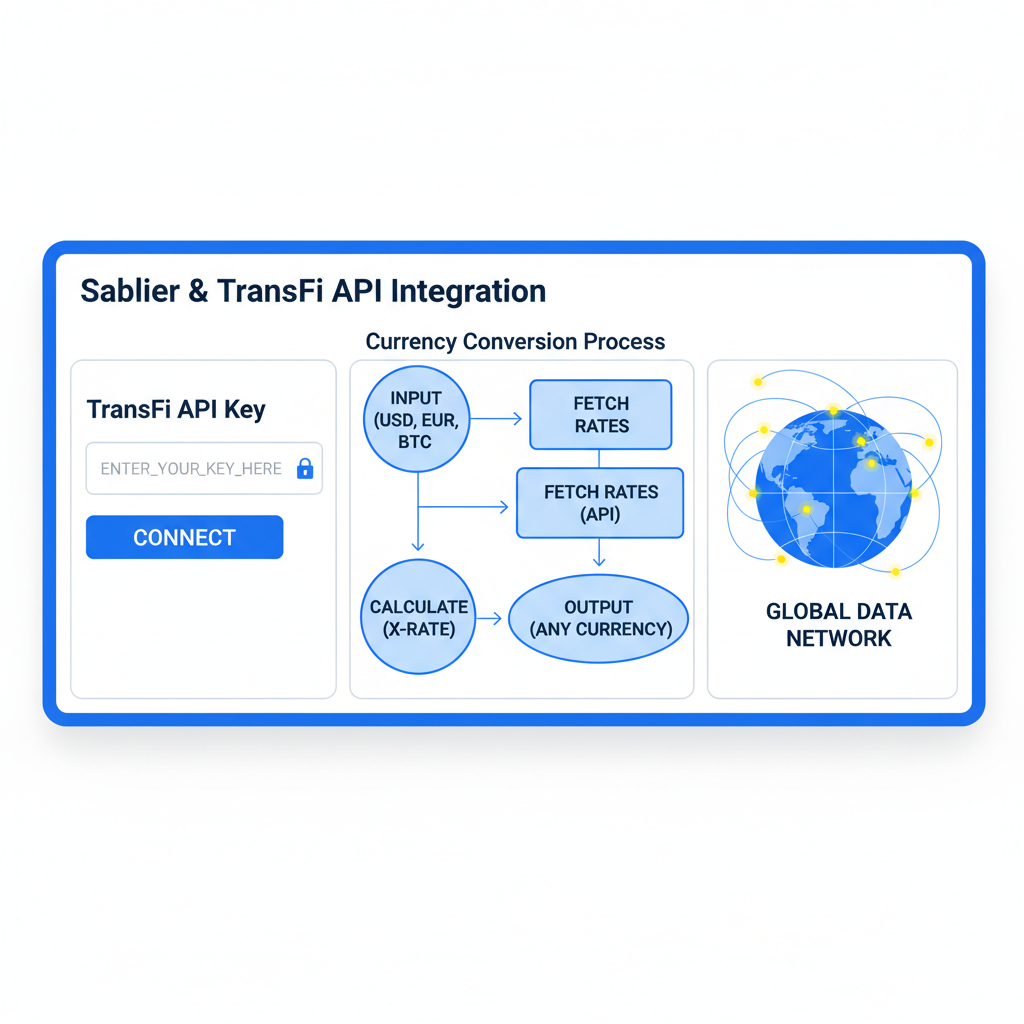 Technical API integration panel in Sablier with TransFi key input, currency conversion flowchart, globe network diagram