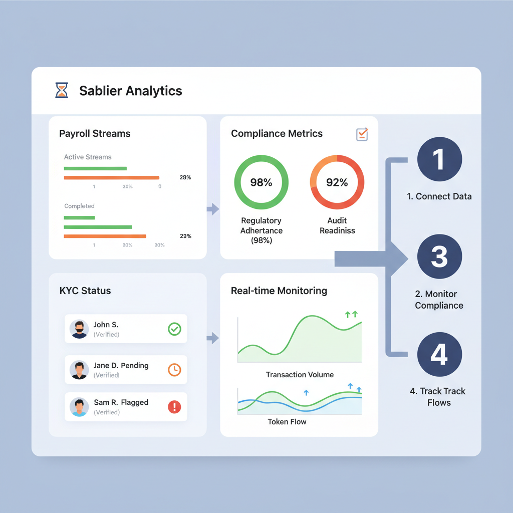 Sablier analytics dashboard showing payroll streams charts, compliance metrics, KYC status indicators, real-time monitoring graphs
