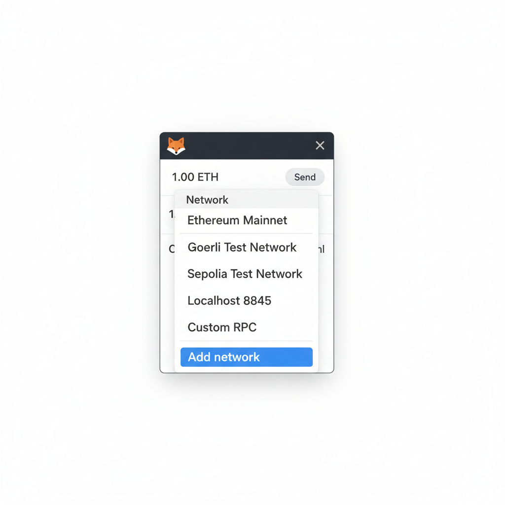 MetaMask popup open showing network dropdown menu with Add network option highlighted