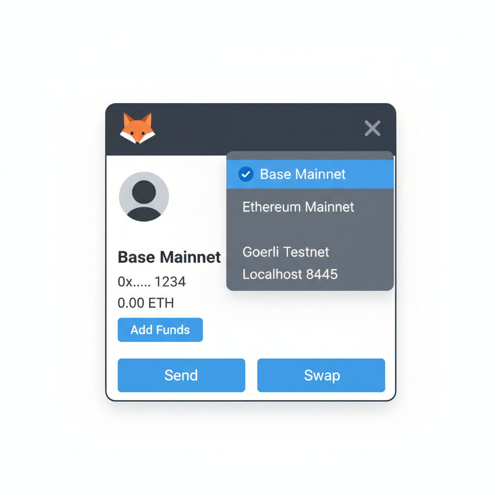 MetaMask interface switched to Base Mainnet network with dropdown showing it selected