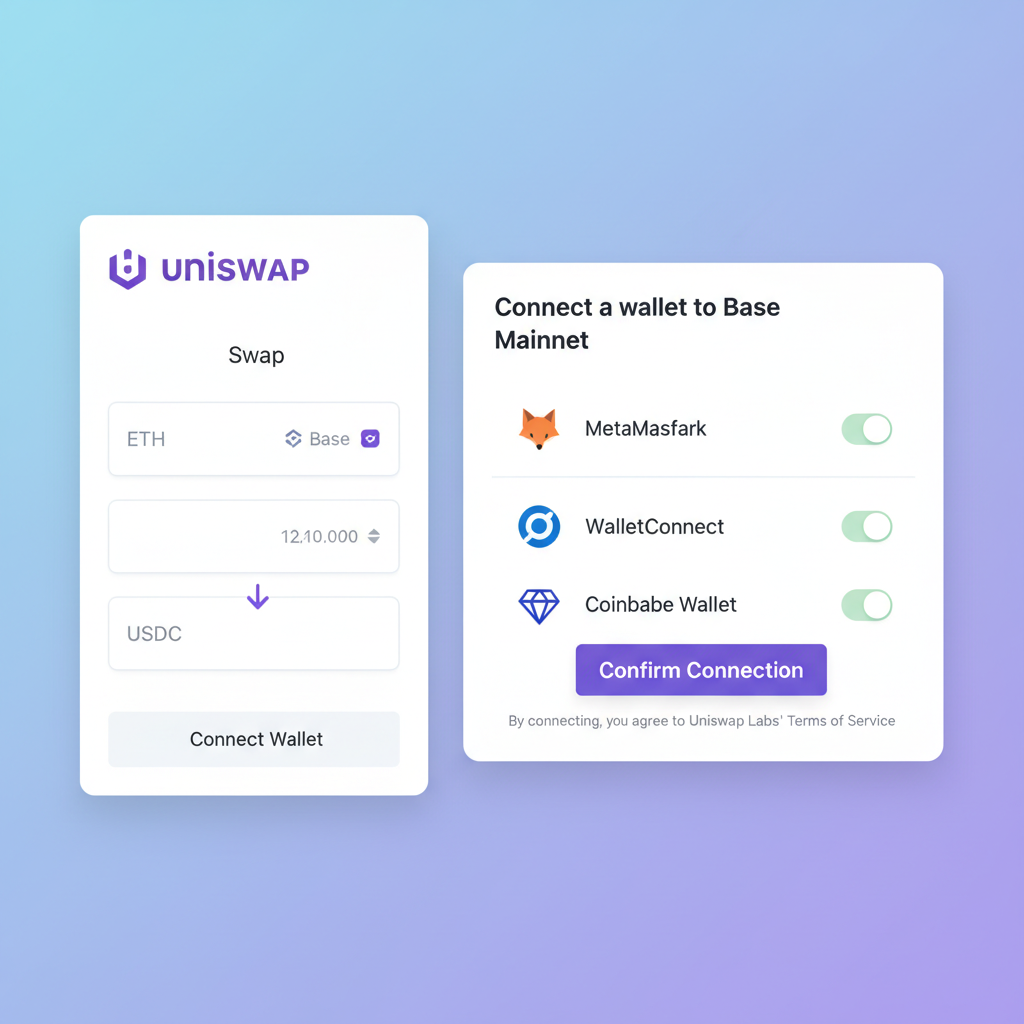 Uniswap interface connected to Base Mainnet with wallet popup confirming connection