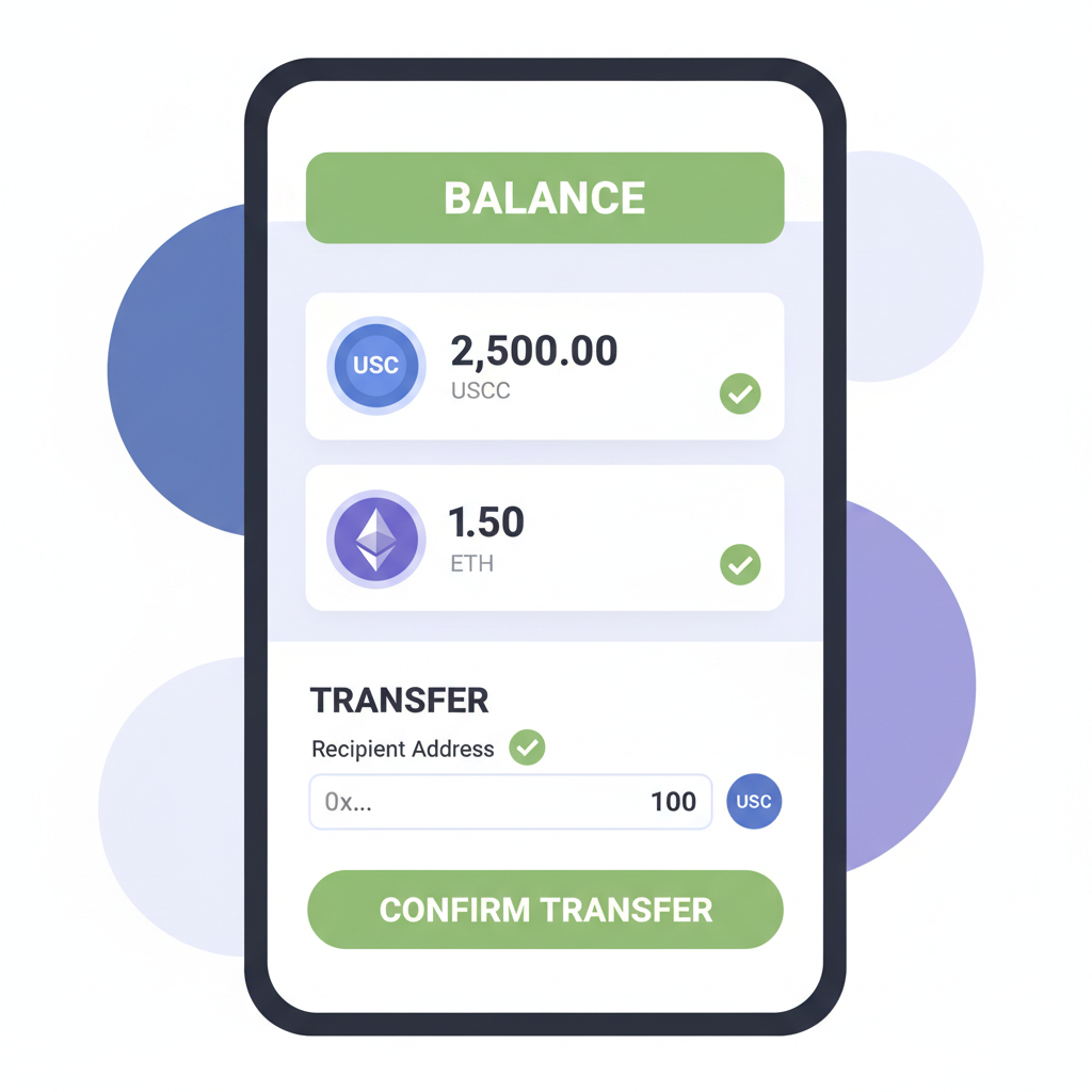 ethereum wallet balance showing USDC and ETH icons, transfer interface, green checkmarks