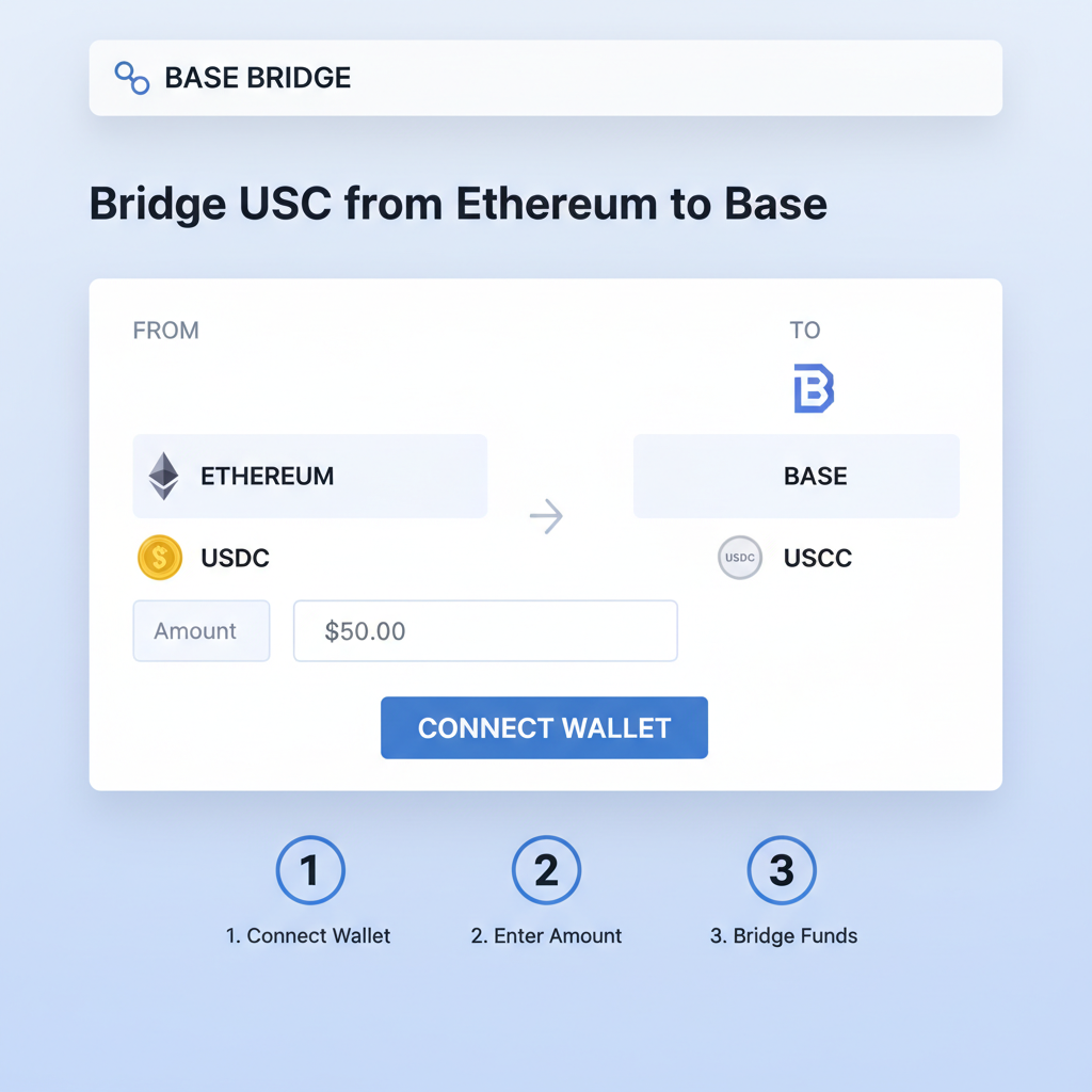 base bridge website interface with USDC bridging from Ethereum to Base, $50 amount entered, connect wallet button