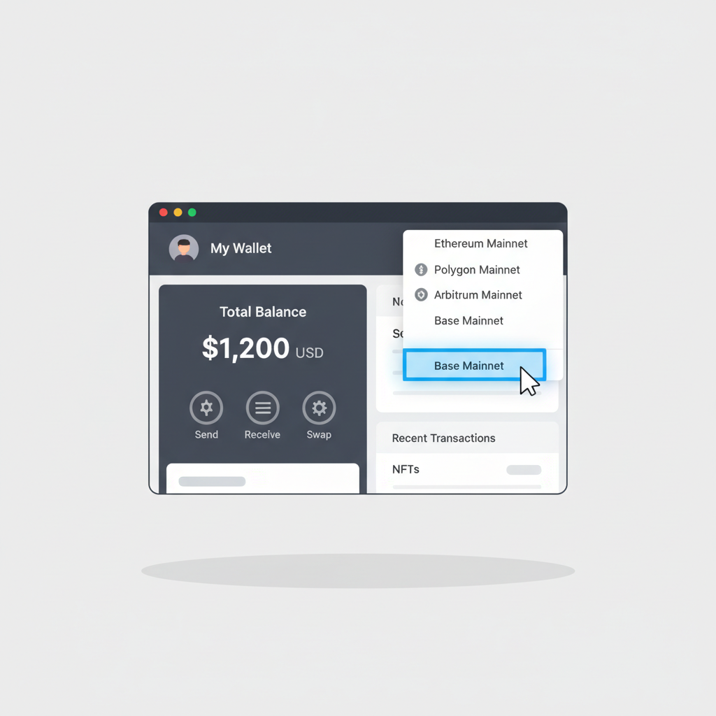 coinbase wallet interface showing network selector dropdown with Base mainnet highlighted, simple dashboard view