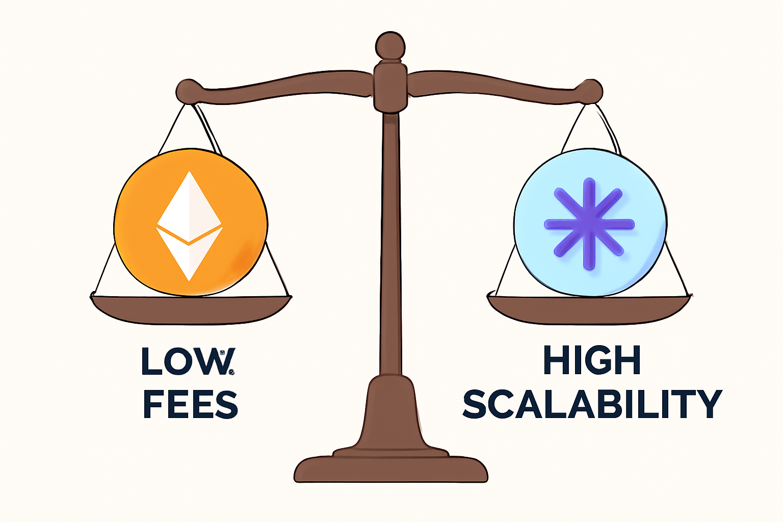 A balance scale weighing Ethereum's low fees against Celestia's high scalability, with stylized icons representing each network