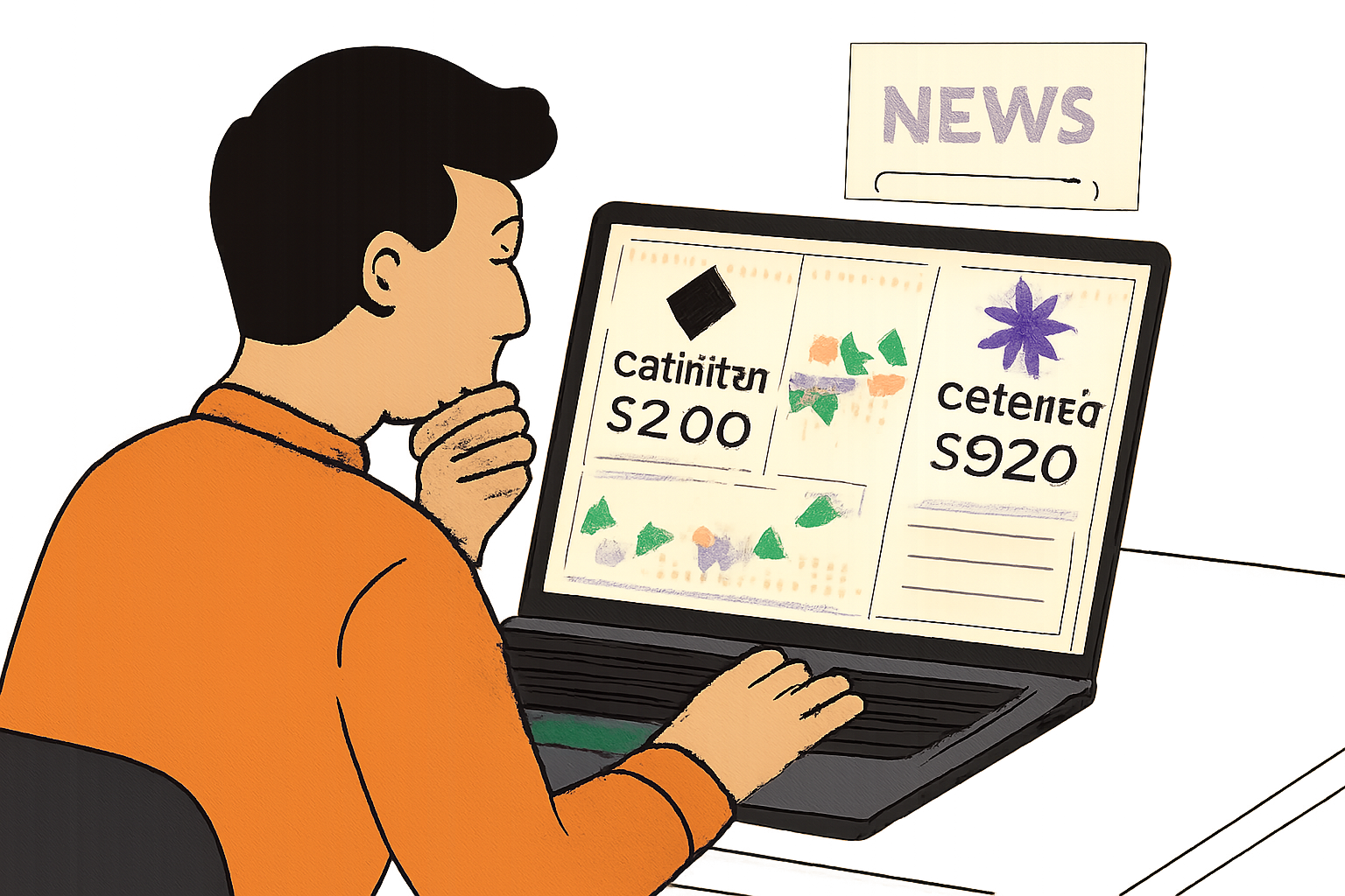 A trader analyzing charts and news on a laptop, with Ethereum and Celestia logos and price tags visible on the screen