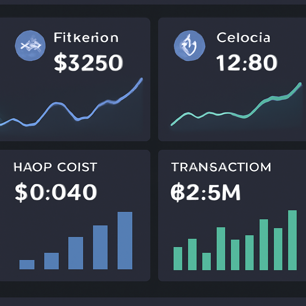 A dashboard displaying Ethereum and Celestia prices, blob costs, and transaction volumes, with charts and data overlays, in a modern fintech style