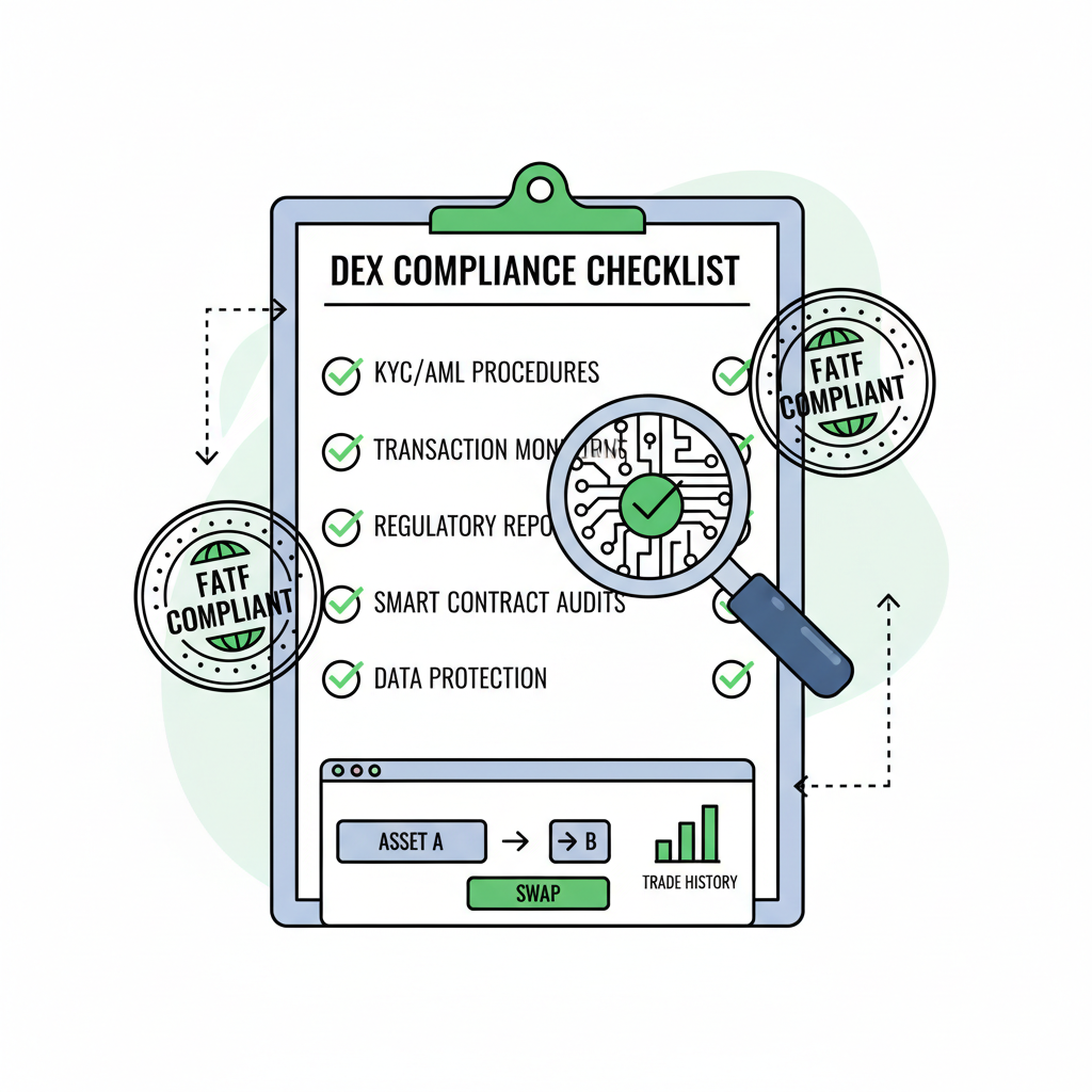 compliance checklist with FATF stamps and audit magnifier over DEX interface, professional infographic