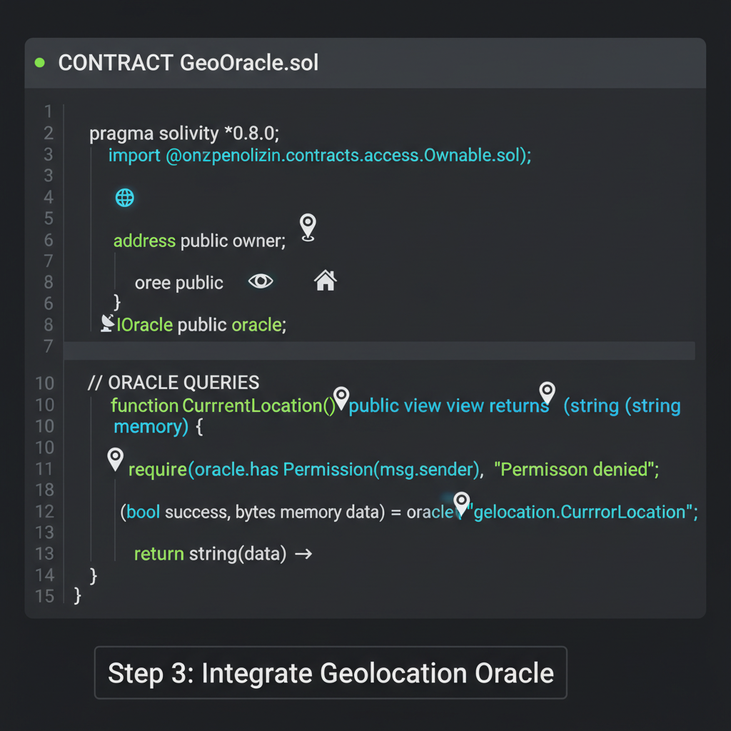 smart contract code snippet with embedded geolocation icons and oracle queries, dark mode developer view