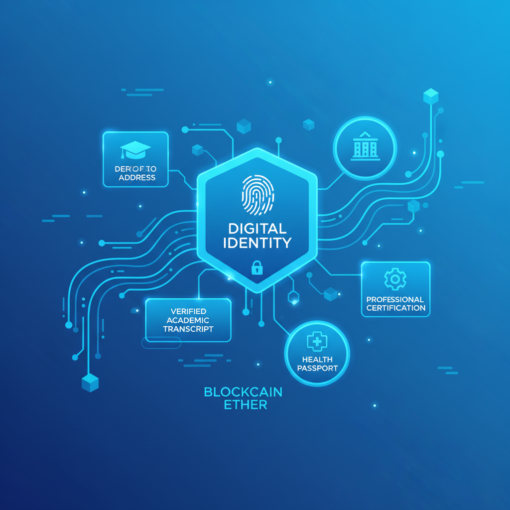 floating digital identity credentials and verifiable badges in blockchain ether, neon blue tones