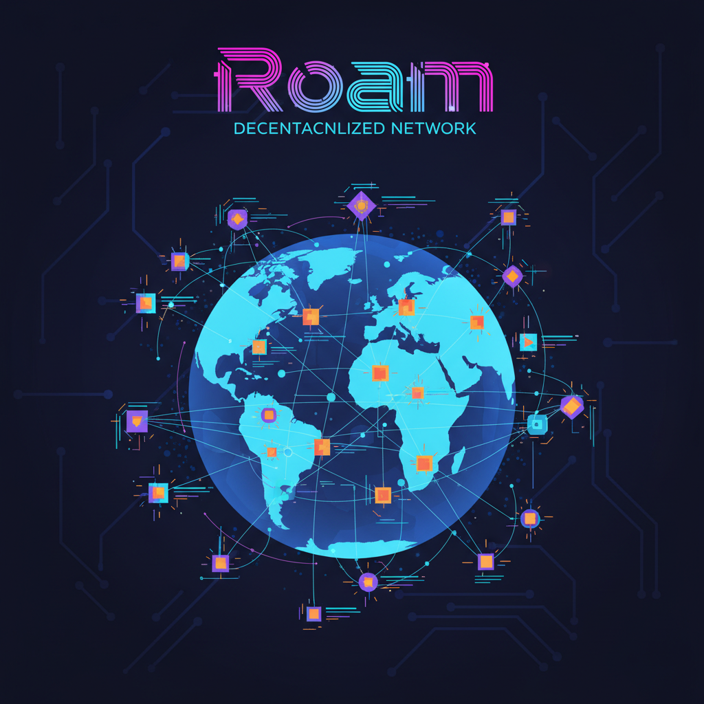 glowing global WiFi network map with decentralized nodes and Roam branding, futuristic cyberpunk style