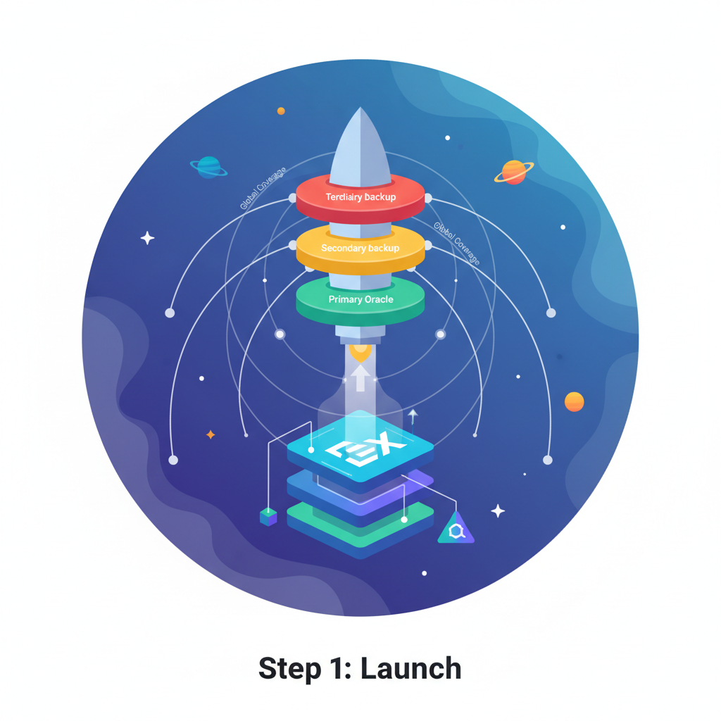 rocket launching DEX platform with layered oracle backups and global coverage, dynamic space scene