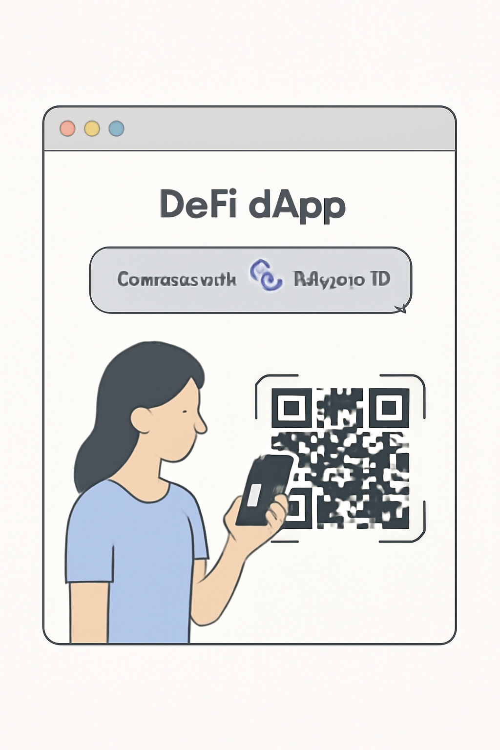 web browser DeFi dApp screen with Polygon ID connect button, wallet QR code scanner
