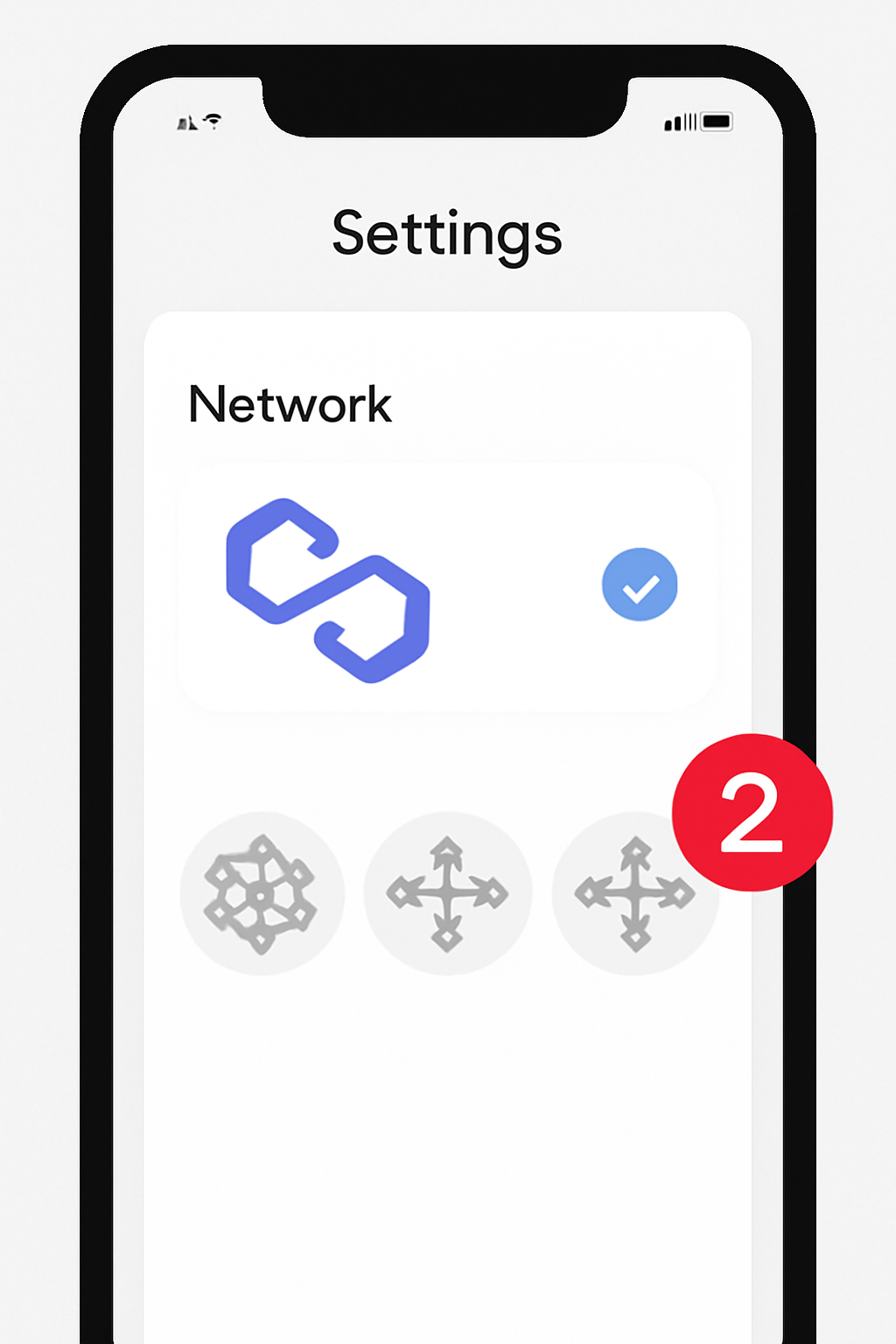 wallet app settings screen selecting Polygon network, blockchain nodes icons, purple polygon logo