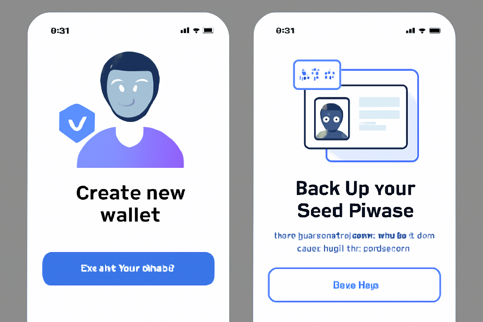 mobile app interface showing create new wallet button, seed phrase backup screen, futuristic digital identity theme