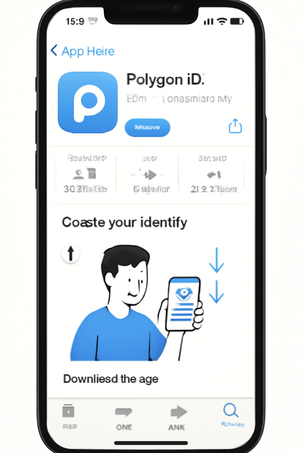 smartphone screen displaying Polygon ID app download page in app store, clean modern UI, blue accents