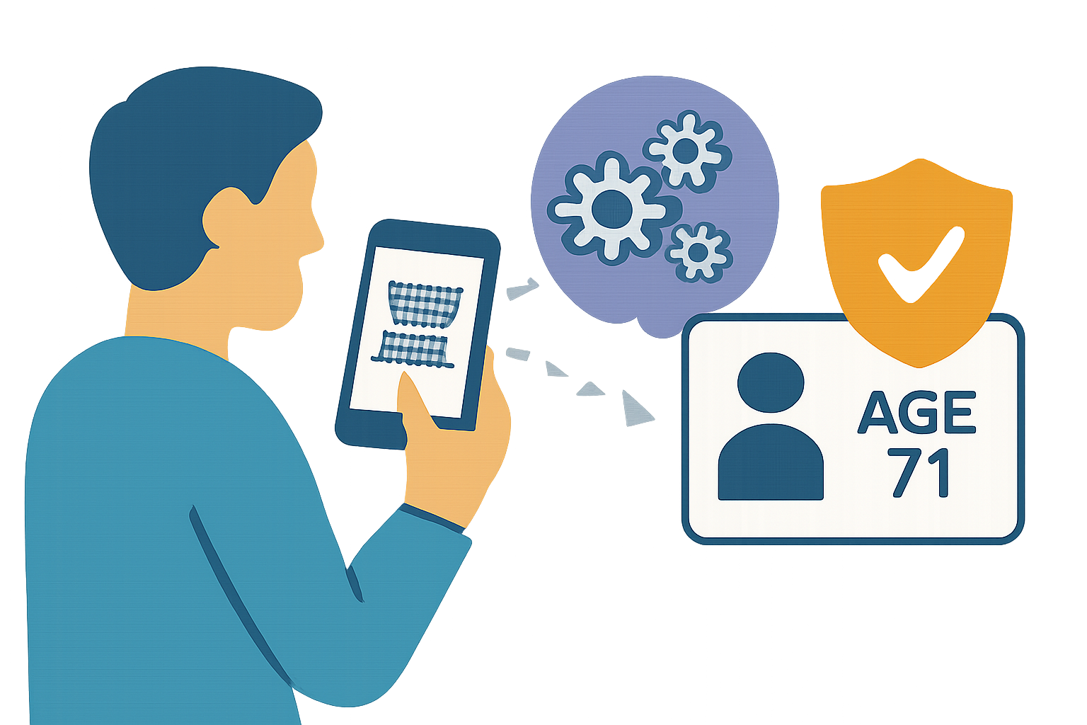 user scanning QR code with phone camera for age credential, zk proof animation, privacy shield icon